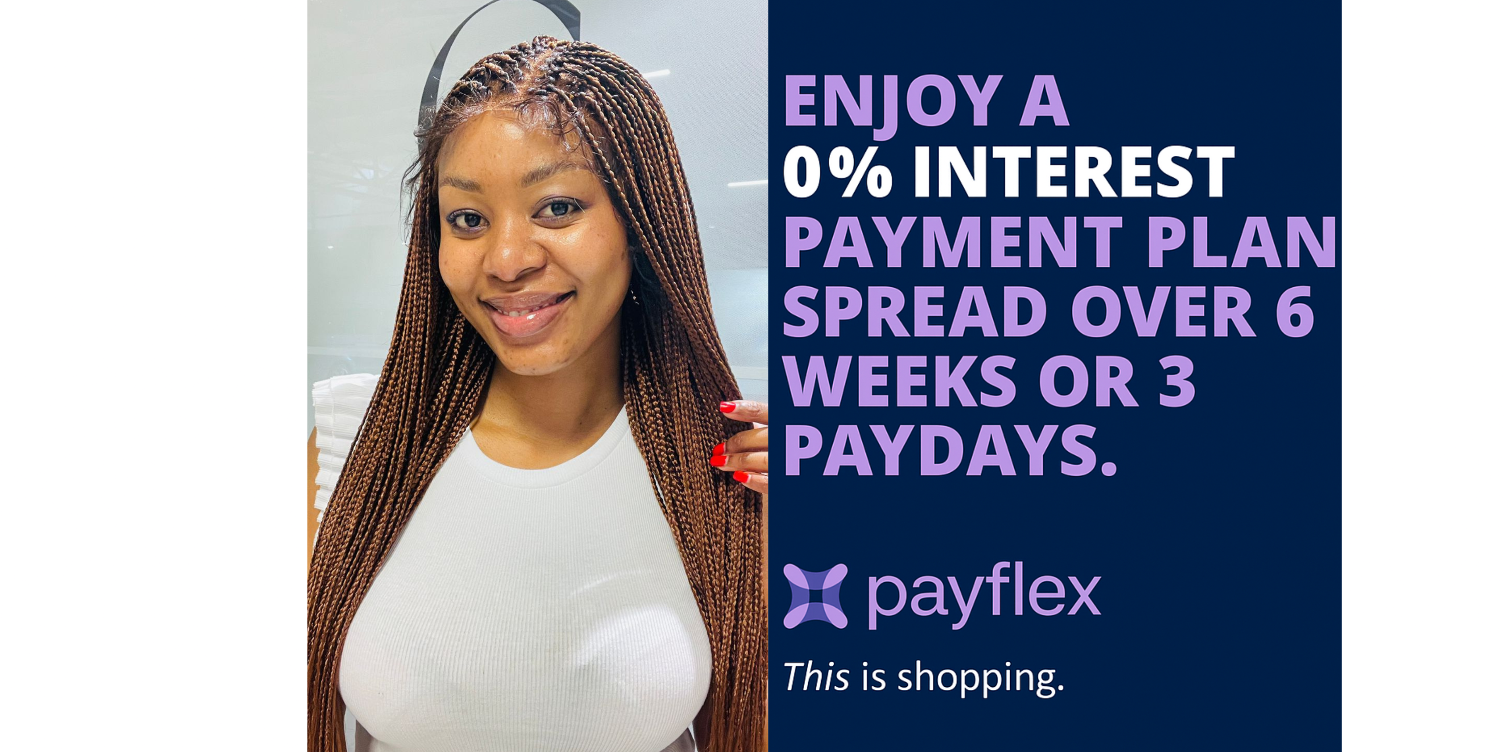 Promotional graphic for Payflex with a woman and text about interest payment plan